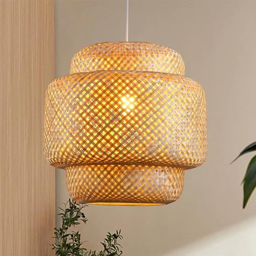 JOYINLED Deckenlampe Bambus Hängelampe Korb Boho Lampe Esszimmer Ø30cm Wohnzimmer Hängend Rattan Natur Küche Vintage E27 Retro 1,5m Textilkabel