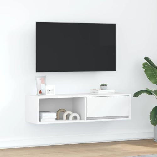 Homgoday Meuble TV blanc 100 x 31 x 25,5 cm en bois multicouche, meuble TV meuble bas pour TV pour table de salon industriel, support TV salon