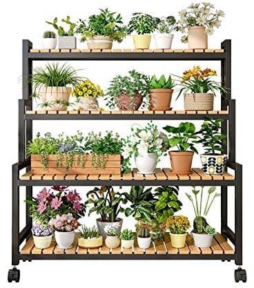 ASHILD Mehrschichtiger Leiter-Blumenständer, 4-stufiger Pflanzenständer aus Holz, Leiter für drinnen und draußen, mehrstufiger Pflanzenhalterständer, Ausstellungsregal, Treppenpflanzenständer