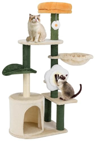 COSTWAY Arbre à Chat 114 cm, Tapis et Poteaux à Griffer en Sisal, 4 Plateformes, Arbre a Chat Cactus à 6 Niveaux, Condo, Panier Rotatif, Pompon Suspendu, Kit Anti-basculement, 48,5 x 34 x 114 cm
