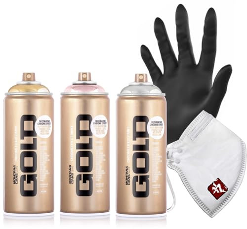 Montana Gold Sprühdosen Set, Gold + Silber + Copper Chrom - Sprühfarben mit hoher Deckkraft 3 x 400ml + Maske + Nitril Handschuhe