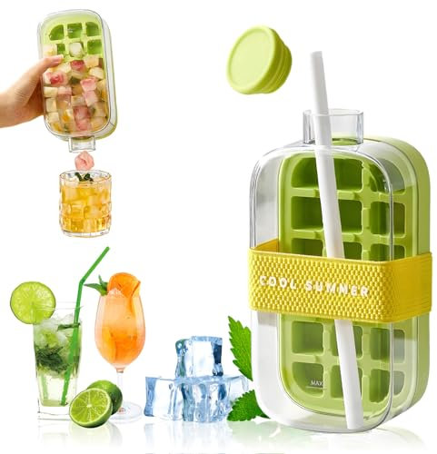 2 in 1 Water Bottle Ice Cube Tray Mold, Ice Cube Bottle with Straw, Touch-Free Ice Cube Tray Water Bottle with Lid, Press to Release Ice Tray for Coffee Juice (800ml)