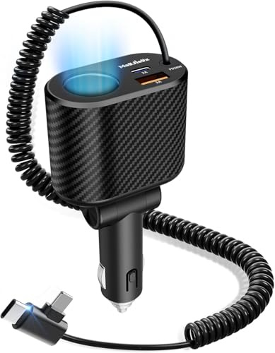 MAGJIEYX 5 in 1 Auto Ladegerät, Zigarettenanzünder USB C Adapter mit 100W Steckdose 1.5M Spiral Typ C Kabel Schnellladegerät KFZ Ladegerät für iPhone 17 16 15 14 13 iPad Samsung Galaxy GPS Autozubehör
