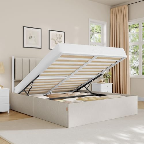 VASAGLE Struttura Letto, 140 x 200 cm, Letto Sollevabile con Contenitore, Testiera, Sollevamento Idraulico, Moderno e Semplice, Montaggio Facile, Beige Cappuccino RMB614LH01