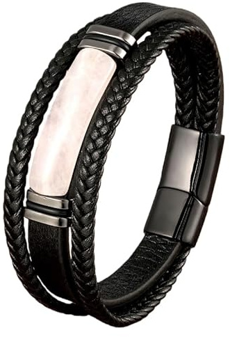 HUIANGLIYG Bracelet En Cuir Tressé Multicouche Pour Homme, Protection En Pierre Naturelle, Avec Fermoir Magnétique, Unisexe, Idéal Pour Les Fêtes, Quartz Rose, 21 Cm