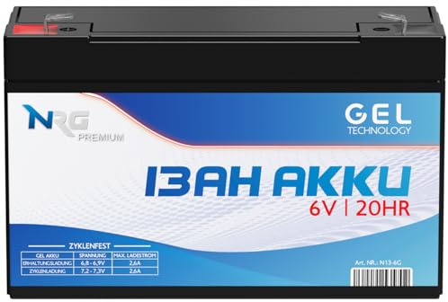 NRG Akku 6V 13Ah GEL Blei-Akku wiederaufladbar Profi-Akku ersetzt 12Ah 10Ah