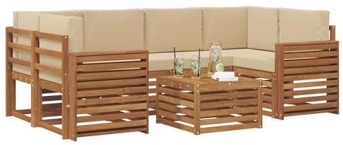 vidaXL Sofagarnituren 7 pcs Natur und Beige Massivholz Akazie, Garten-Sofa-Eckgarnitur, strapazierfähiges Lounge-Möbel, modernes Patio-Set für chilliges Terrassenleben