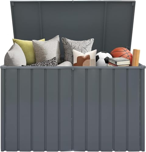 Domi Outdoor Auflagenbox 760L Gartenbox – wasserdichte Kissenbox mit Hydraulikdeckel, Metall Stauraumbox Garten mit Griffen & abschließbarem Deckel für Gartenkissen und Gartengeräte, Grau
