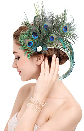 Z&X Peacock Feather Hair Clip Fascinator Hat 1920s Hair Accessories for Women Church Derby Halloween Headpiece