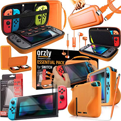 Orzly Nintendo Switch Accessoire, Pack de (Étui Rigide pour Switch, Protecteurs d'écran en Verre Trempé, Câble Type C, Coque Comfort Grip, Écouteur, Stylo, Boite de Jeux) Orange