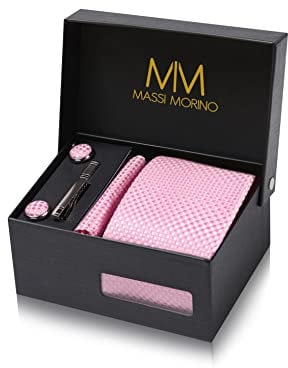 Massi Morino Cravatta Rosa scacchi e fazzoletto da uomo con camicia gemelli, parure fermacravatta set I Accessori sposa I Cravatte Elegante Confezione Regalo