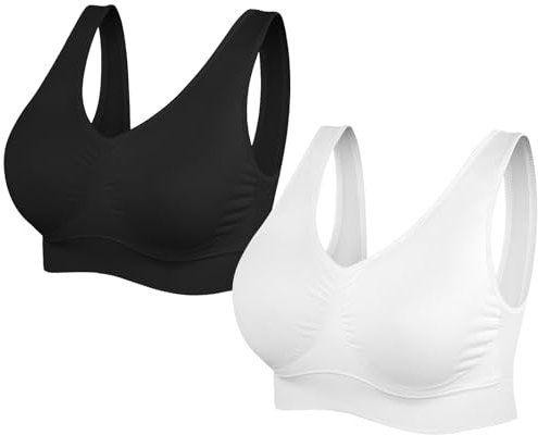 SIMIYA Super Comfort Bra, Womens Sports Bras Removable Pads Plus Size Sleep Bras for Girls in Yoga Bralette Leisure Stretch Crop Tops Vest (S, 2 Pack Black+White)
