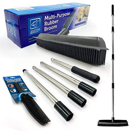 Rubber Broom Long Handle Push Broom Rubber Bristles Sweeper Squeegee with Scratch Free Bristle for Pet Cat Dog Hair Ideal Cleaning Carpet Hardwood Tile Windows Clean (Sweeper and Hand Brush)