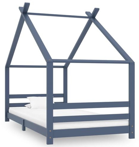 vidaXL Kiefernholz Massiv Kinder Bettgestell Kinderbett Hausbett Bett Holzbett Kinderhaus Spielbett Lattenrost Kinderzimmer Grau 90x200cm