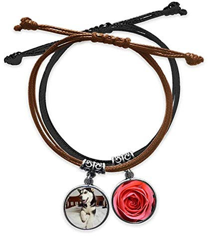 Braccialetto in pelle con immagine di Husky, con catena a mano e rosa