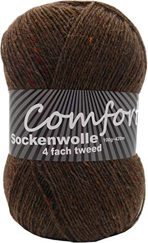 100gr Comfort Sockenwolle Strumpfwolle Tweed 4-fädig - 100gr Knäul - 420m Lauflänge - Nadelstärke 2,5-3,0mm-klassiche traditionelle Farben (braun 04)