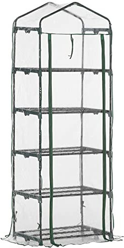 Outsunny Invernadero Pequeño Invernadero de Exterior con Estantes de 5 Niveles Puerta Enrollable con Cremallera y Marco de Acero Invernadero para Cultivar Plantas Flores 69x49x193 cm Transparente