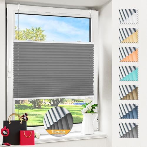 Magiea Plissee ohne Bohren verdunkelung, Thermo Plisseerollo Klemmfix, Grau 60x130cm(BxH), Verdunklungsplissee 100% lichtundurchlässig, Faltrollo für Fenster, Sichtschutz Sonnenschutz