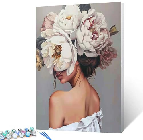 Tucocoo Fashion Girl with Flowers on Head Paint by Numbers for Adults Modern Art Style Figure Lady Painting by Numbers for Adults Beginner Acrylic Oil Painting Set with Frame-16''Wx20''H