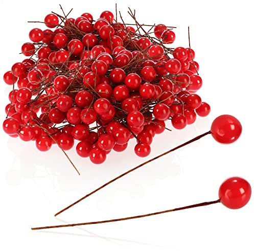 com-four® 300x Streudeko, dekorative Zweige mit Beeren, Dekozweige zum Streuen als Bastelbedarf, verschönert Geschenke und Potpourris (300 Stück - rote Beeren)