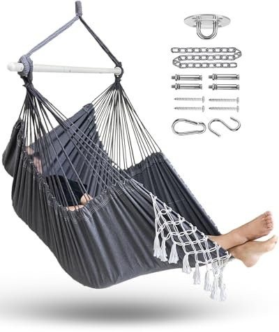 MIZTLI Hammock Chair Hanging Chair Swing Chair XXL Large Macrame Swing - Max 500 Lbs-All Hanging Kit Included