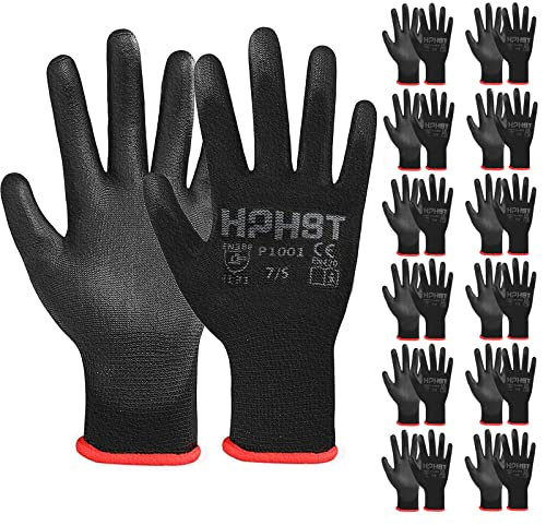 HPHST PU Besichtet Arbeitshandschuhe, 12 Paar Arbeit Handschuhe für Herren und Damen rutschfeste Montagehandschuhe Gartenhandschuhe mit PU-Beschichtung für Bauarbeiter Mechaniker, Schwarz (Medium)