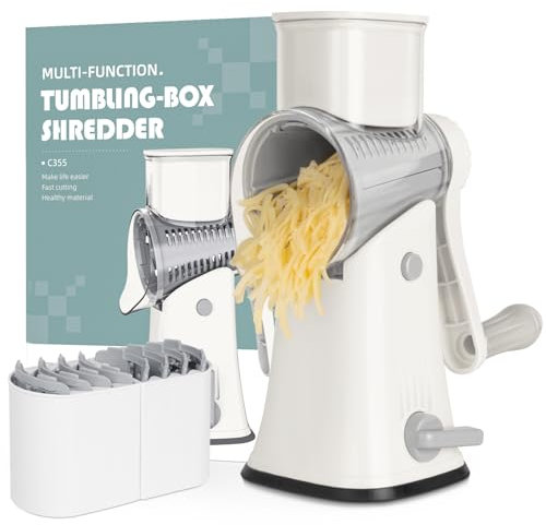 X Home 5-in-1 Rotary Cheese Grater for Kitchen, Upgraded Hand Crank Shredder with Stronger Suction Base & Multifunctional Drum Blades, for Cheese, Vegetables and Nuts, Easy to Use and Clean, White