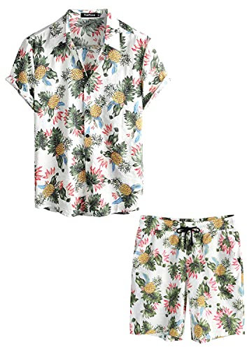 VATPAVE Herren Hawaii Hemd Blumen Sommer Outfit Männer Freizeit Kurzarm Strandhemd und Kurze Hosen 2 Teiler Set Hawaiihemd X-Large WeißAnanas