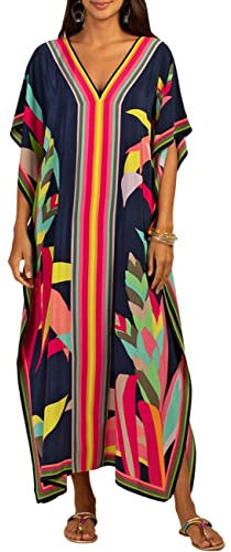 Bsubseach Women Plus Size Kaftan Dress Swimsuit Cover Up V Neck Loungewear Caftan Maxi Dresses Dark Navy