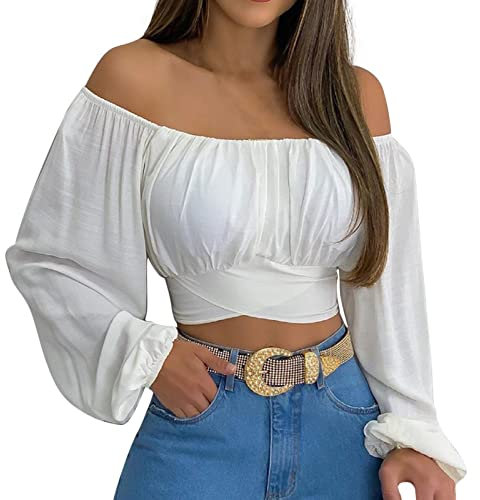 Damen Sommer Schulterfreie Crop Tops Rüschen Laterne Ärmel Krawatte Zurück Bluse Shirt(XL-Weiß)