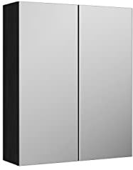 nuie OFF617N Arno Modern Bathroom Wall Hung Mirror Cabinet - 2 Door 50/50 Split, 600mm, Woodgrain Charcoal Black