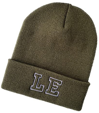 Schnoschi Olivgrüne Strickmütze mit breitem Umschlag (Beanie Mütze) mit Initialen Bestickt für Herren, Damen, Jugendliche und Kinder