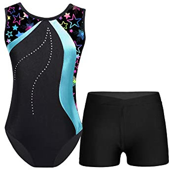 iEFiEL Mädchen Glitzer Turnanzug Ärmellose Leotards Rückenfrei Ballettanzug mit Strass Ballettkleidung Gymnastikbody Tanzkostüm Cyan 146-152