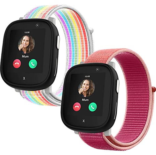 2-Stück Nylon Armbänder kompatibel mit Xplora X6/Anio 6 Armband, Kids Smartwatch Klettverschluss Mädchen Jungen Verstellbare Ersatz Armbänder für X6 Play/X6 Pro/Anio6,Regenbogen+Granatapfel rot