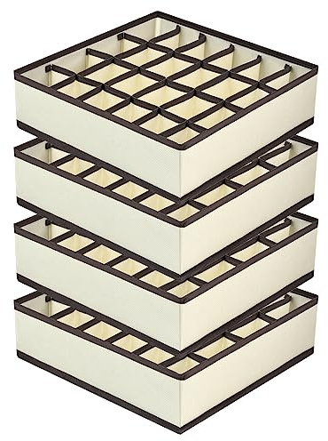 Joyoldelf Drawer Organiser - Set of 4 Foldable Sock Organisers - Wardrobe Storage Organiser with 24 Cells - Drawer Dividers Storage Boxes for Socks, Baby Clothes, Ties and Scarves - Beige