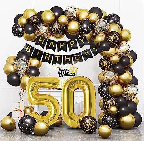 Bluelves Deko 50 Geburtstag Schwarz Gold, Luftballon 50. Geburtstag, 50 Jahr Geburtstagdeko, Happy Birthday Girlande Ballon Dekoration für Mann Frauen