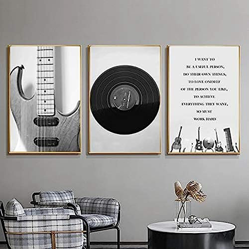 HTWLMM Leinwand Bilder Vinyl Schallplatten Schwarz Weiß Vintage Musik Gitarre Malerei Poster Kunstdruck für Wohnzimmer Schlafzimmer Wandbilder Deko Rahmenlos (3X40X60CM)