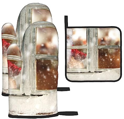 Weihnachtliche Ofenhandschuhe und Topflappen für Fensterbank, hitzebeständig, 3-teiliges Set, Grillhandschuhe und Pads zum Kochen, Backen, Grillen