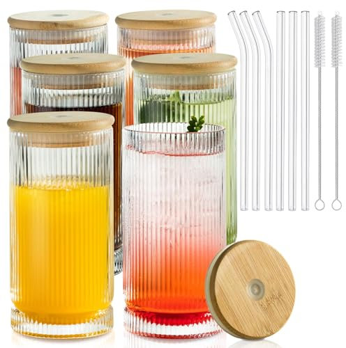 Bicchieri alti in stile vintage da 470 ml: set di 6 bicchieri a coste con coperchi e cannucce, perfetti per cocktail, frullati, succhi di frutta, birra e caffè, design versatile per tutte le occasioni