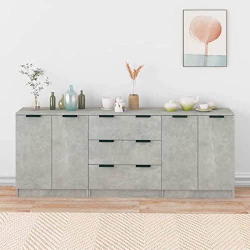 Homgoday 3 Piece Sideboards Concrete Grey Engineered Wood, Side Cabinet, Cupboard Storage Cabinet for Dining Living Room, Hallway and Kitchen, Home Office Furniture Buffet Cabinet