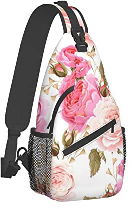 DENMER Bear Crossbody Brusttasche Schultertasche Wochenende Outdoor Wandern Rucksack, Blume, Rose, Rosa, Einheitsgröße
