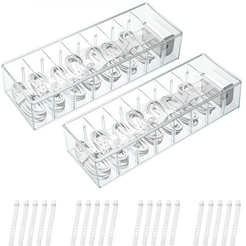 2 Stück Kabel Aufbewahrungsbox,ZCXG Transparent Kabel Organizer Box,Kabel Organizer Box 8 Fächer,Cable Management Box mit 20 Kabelbindern, für Schreibtisch Aufbewahrung, Büro, Heimgebrauch