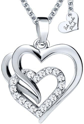 Herzkette Silber 925 / Gold vergoldet Halskette Damen Ich Liebe Dich Kette Silberkette Herzanhänger Herz Schmuck Geschenke Frauen Freundin Geburtstag Hochzeitstag Jahrestag Liebesbeweis Liebesgeschenk