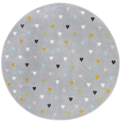 Hanse Home Adventures Kinderteppich Rund - Herz Muster Teppich Junge Mädchen für Kinderzimmer, Spielzimmer, Jugendzimmer, Wohnzimmer - Grau, 140cm