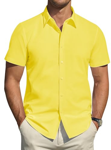J.VER Men's Short Sleeve Dress Shirts Stretch Stain Shield Casual Button Down Shirts Solid Formal Shirt, Lemon Yellow, Medium