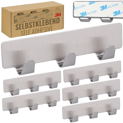 RICOO Hakenleiste mit 3 Haken, Handtuchhaken ohne Bohren, 6 Stück, Kleiderhaken Selbstklebend, MH020-6, Badezimmerhaken, 12 cm, Klebehaken, Wandhaken, Haken zum Kleben, Edelstahl, Silber