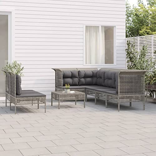 LAPOOH 8-TLG. Garten-Lounge-Set mit Kissen Grau Poly Rattan, Lounge Gartenmöbel Set, Terassenmöbel Wetterfest, Loungemöbel Terrasse, Gartenlounge, Garten Loungemöbel Set, 3187539
