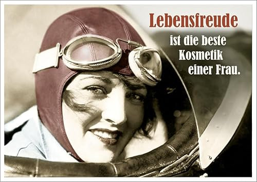 Gutsch Verlag Lustige Postkarte mit Vintage Fliegerin und Motivationsspruch – Lebensfreude ist die beste Kosmetik einer Frau – Retro Charme, Humorvolle Botschaft, Geschenkidee