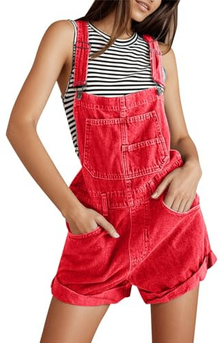 KBOPLEMQ Salopette da donna in jeans corti, pantaloni con gamba dritta, pantaloni in denim, tuta da donna, pantaloni corti, Colore: rosso, L