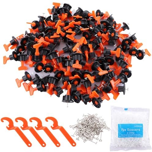 LOLYSIC Tile Leveling System, 200Pcs Tile Leveler Spacers with 4 Special Wrench, 500Pcs 2mm (1/12) Tile Spacers, 100Pcs T Needles, Tile Installation Tool Kit for Wall Floor Building